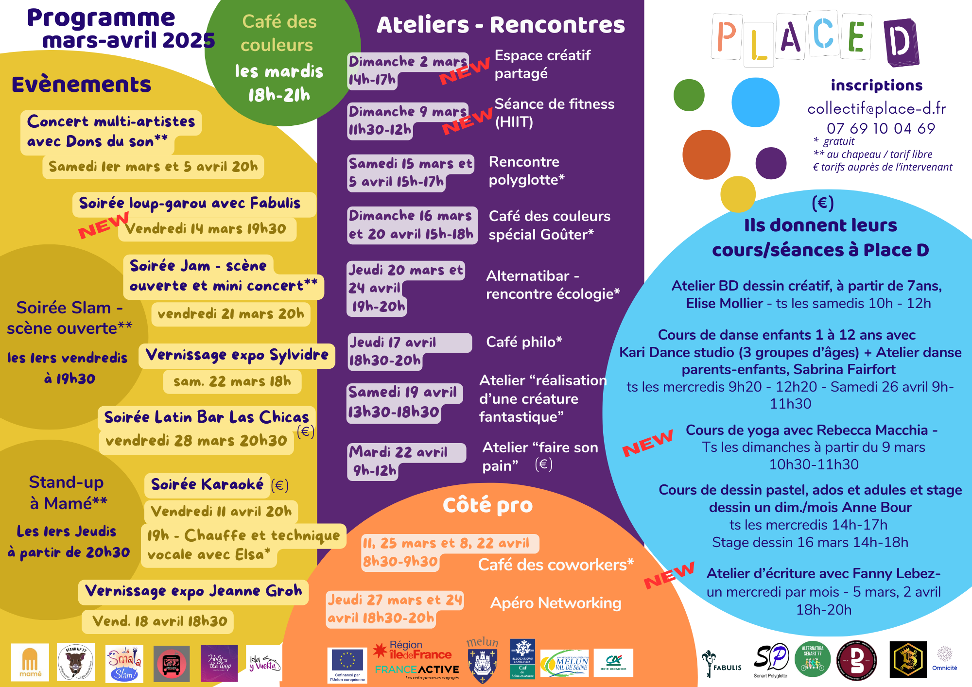 Programme des événements Mars-Avril 2025 à Place D